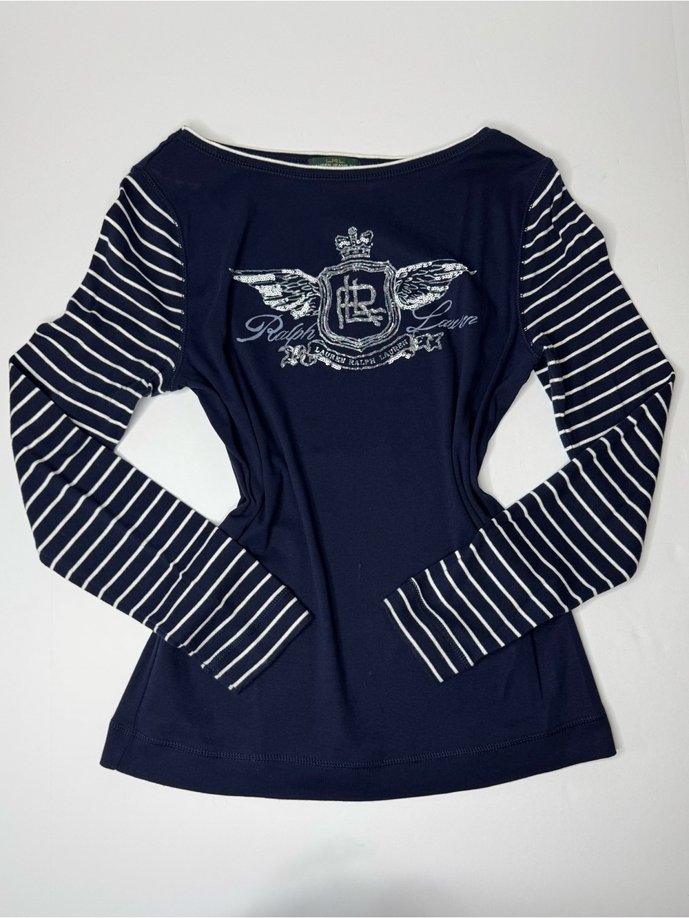 Lauren Jeans Co Ralph Lauren Y2K Navy Striped Logo Top Women’s Medium